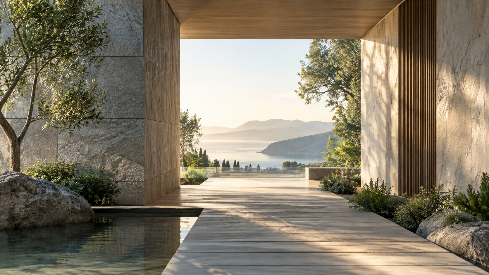 Contemporary architectural passage opening toward natural light and greenery