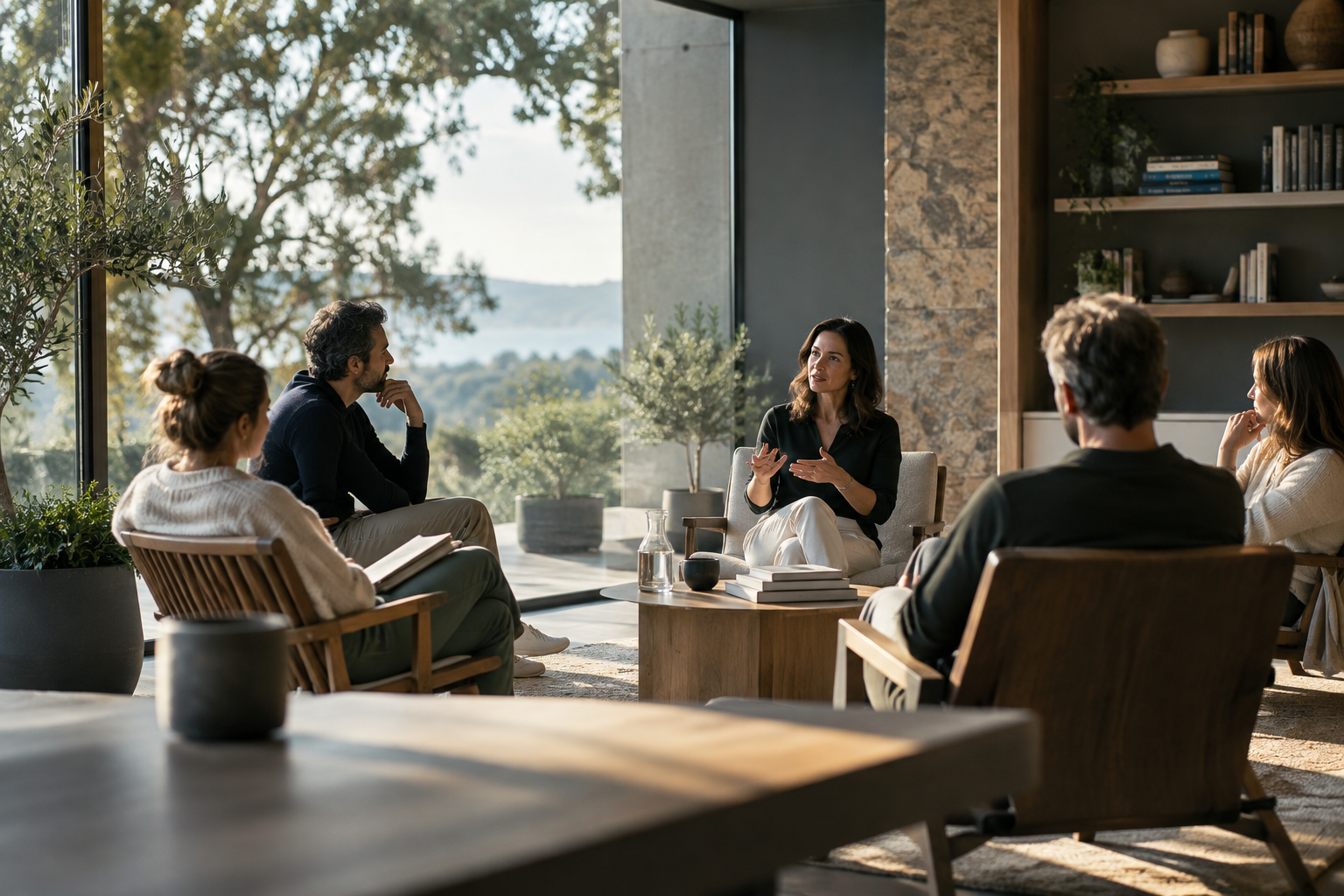 Small group conversation in a refined contemporary learning environment